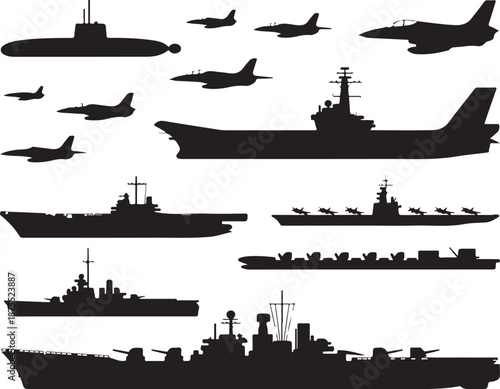 Collection of military vehicles including aircraft carriers submarines and fighter jets silhouette set