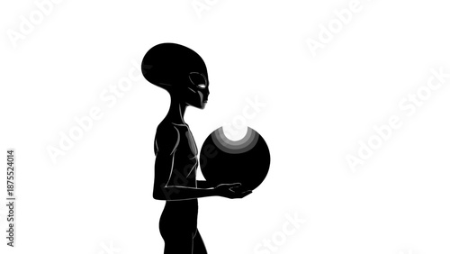 A mysterious alien figure holding a glowing orb. The silhouette of the extraterrestrial being and its glowing sphere capture attention