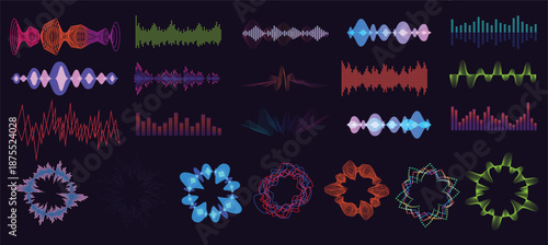 Vector music sound waves set. Audio digital equalizer technology, console panel, musical pulse. Modern music wave pattern. Concept musical bar. Dynamic light flow, with neon light effect
