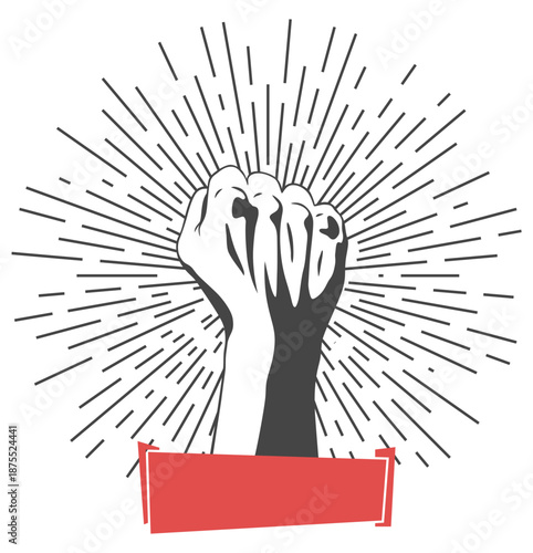 Rised fist hand gesture emblem. Vector hand clenched into fist and rising up, symbol isolated on white background. Power sign. Human hand up in the air