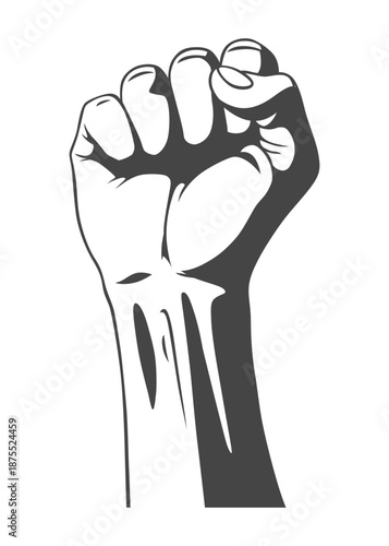 Rised fist hand gesture monochrome drawn emblem. Vector hand clenched into fist and rising up, symbol isolated on white background. Power sign. Human hand up in the air