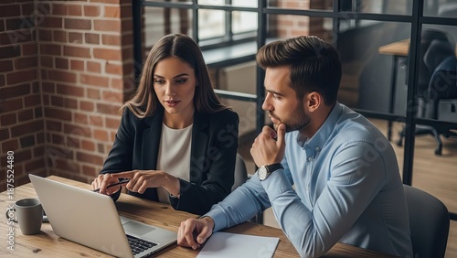 Business colleagues working on laptop at wooden desk in office social media thumbnail poster banner download 2026 2027