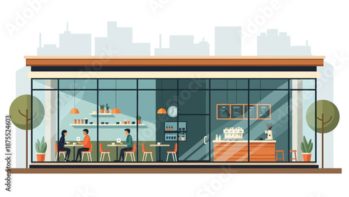 Modern Coffee Shop Exterior with Customers and Barista.