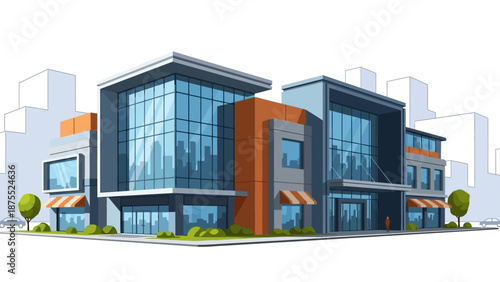 Modern Commercial Building with Glass Facade and Orange Accents.
