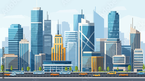Modern Cityscape with Tall Skyscrapers and Busy Street.