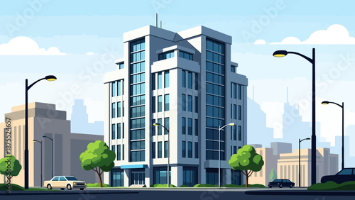 Modern Office Building Exterior with Cityscape Background.