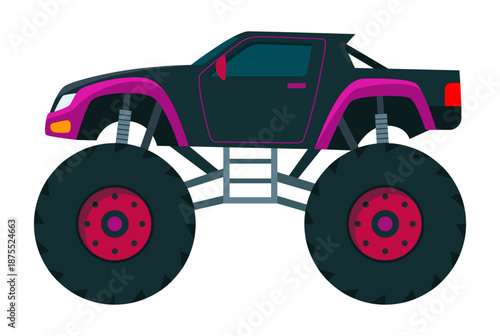 Monster truck. Bright colorful cartoon auto with big wheels. Heavy car with large tires and black tinted windows. Isolated rally 4x4 computer or mobile game