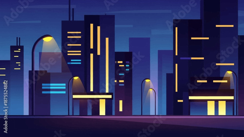 Night city street with glowing buildings and streetlights.