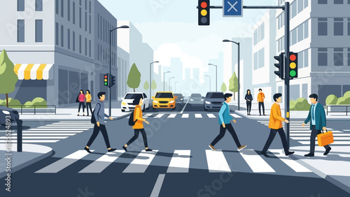 People crossing a busy city street at a crosswalk with traffic lights and cars.