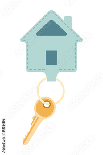 Door keys keyfob. Ring with trinket, keychains plastic tag hanging on keyring. House, apartment or room locking accessories. Cartoon flat vector isolated on white background