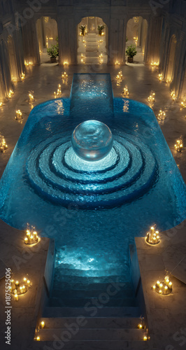 Illuminated courtyard fountain