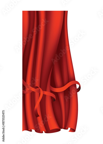 Red curtains realistic. Theater fabric silk decoration for movie cinema or opera hall. Curtains and draperies interior decoration object. Isolated on transparent for theater stage