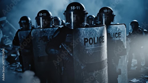 Police officers in riot gear on street
