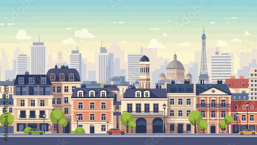 Urban cityscape with historic buildings and modern skyscrapers under a clear sky.