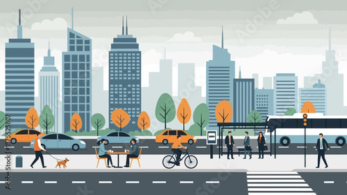 Urban street scene with people and traffic.