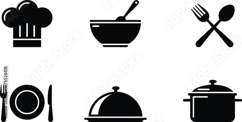 Black kitchen and cooking icons vector set with chef hat bowl cutlery plate cloche and cookware symbols