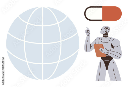 Artificial intelligence, global healthcare, digital innovation, automation, robotics, medical research. A robot holding a clipboard near a globe and capsule. Global healthcare and AI innovation