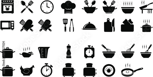 Black kitchen and cooking icons vector set with utensils appliances cookware baking tools and restaurant silhouette symbols