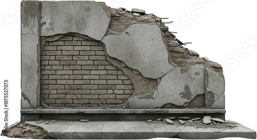A section of weathered crumbling concrete wall revealing exposed aged brickwork and broken debris scattered at its base showing signs of structural decay crumbling wall exposed brick transparent