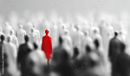 Crowd of people, one figure is highlighted in bright red color, standing out from the gray mass
