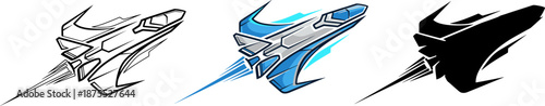 Futuristic sci-fi spaceship and fighter jet collection in outline, color, and silhouette for gaming and space concepts.
