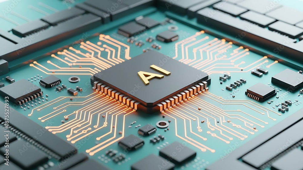 Fototapeta premium Close up view of modern computer processor chip with intricate golden circuit pathways