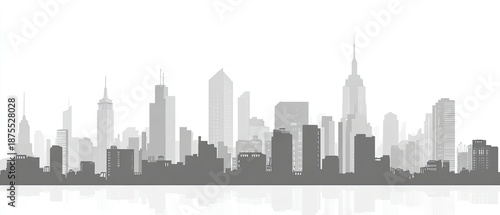 A monochromatic, detailed cityscape silhouette with skyscrapers and various building heights, reflecting