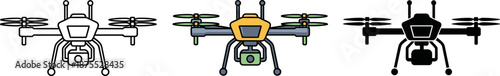 Professional delivery and surveillance drone set in outline, flat color, and silhouette styles for technology design.