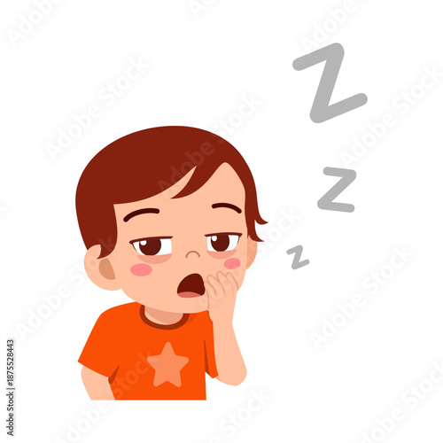 Cute tired Asian boy yawning with a sleepy expression in an orange shirt with Z symbols depicting sleepiness
