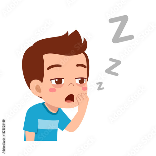 Young Boy Yawning and Rubbing His Face Feeling Sleepy with Zzz Symbols Cartoon Illustration