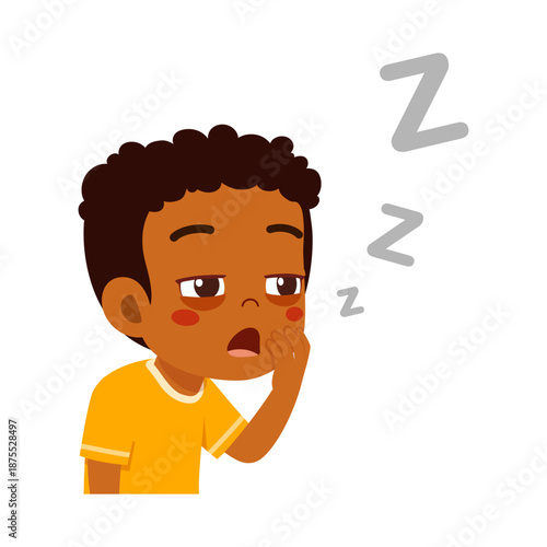 A tired African American boy yawning with a sleepy expression wearing a yellow shirt and Z symbols floating