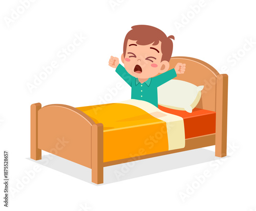 Happy cartoon boy waking up stretching arms wide and yawning cheerfully in his bed illustration