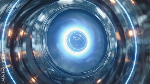 Futuristic turbine engine rotating with blue light shining through blades