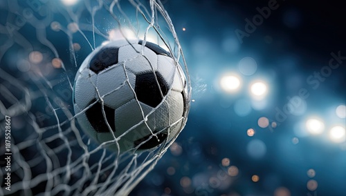 Soccer ball perfectly positioned within the net, illuminated with dramatic spotlights and bokeh effects