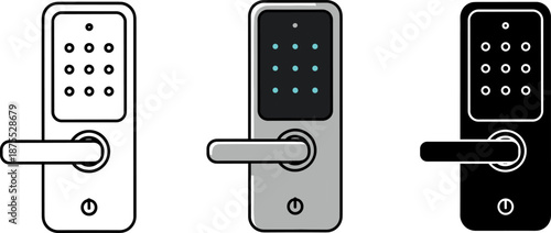 Smart digital door lock and cyber security padlock icons for home automation and data protection.