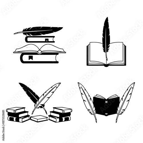 Collection of vintage writing tools and books in classic illustration style
