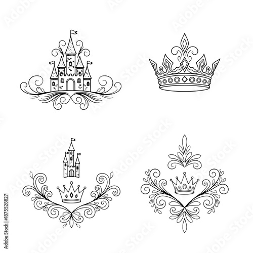 Elegant Castle and Crown Vector Icons for Royalty and Fantasy Themed Designs