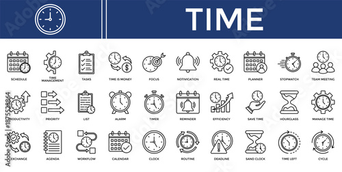 Time icon set collection. Containing efficiency, report, strategy, meeting, real, reminder, target .Line vector icons collection