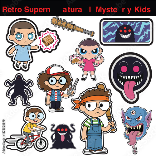 Retro supernatural mystery kids and monsters sticker set