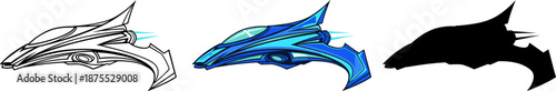 Futuristic sci-fi spaceship and fighter jet collection in outline, color, and silhouette for gaming and space concepts.