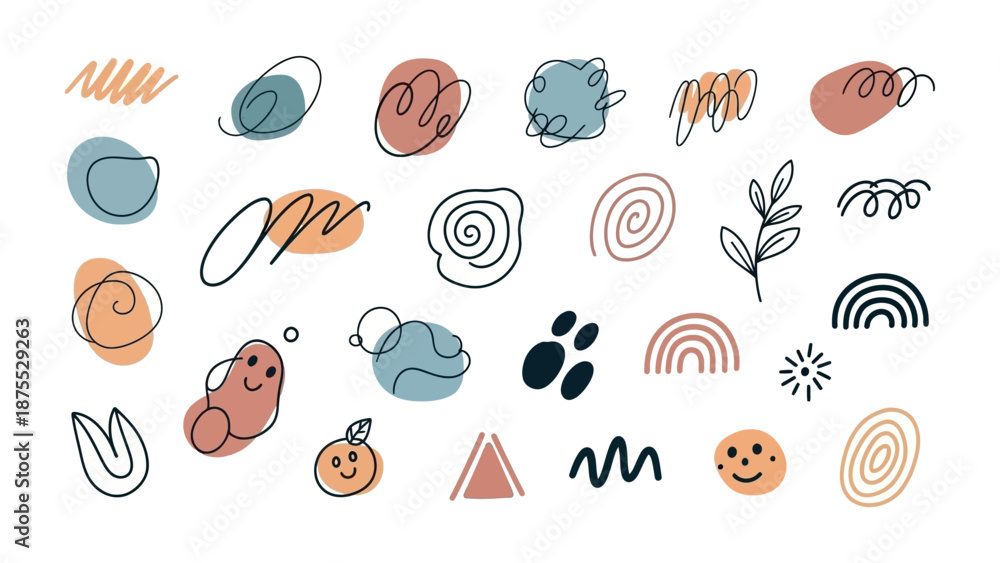 Fototapeta premium Abstract Elements Collection: A whimsical assortment of hand-drawn abstract shapes and designs, featuring a variety of organic forms, lines, and colorful details.