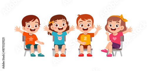 Happy diverse cartoon children sitting and waving with cheerful expressions on white background
