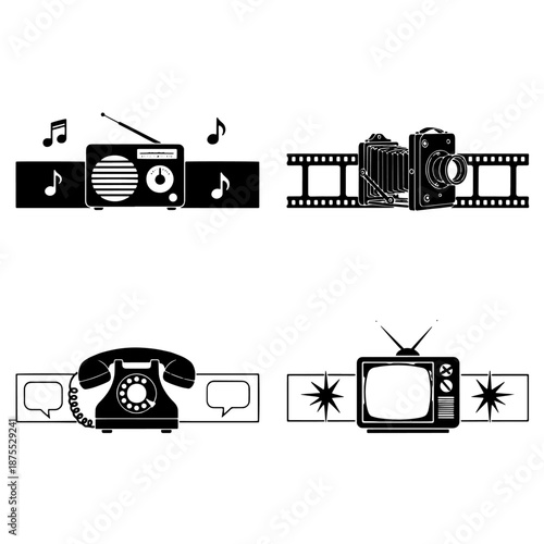 Vintage Technology Vector Art Collection showcasing retro communication devices and entertainment gadgets as detailed graphic assets for design projects