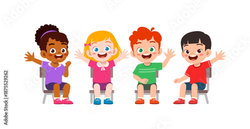 Diverse happy children sitting waving hands and smiling cheerfully in a friendly group setting