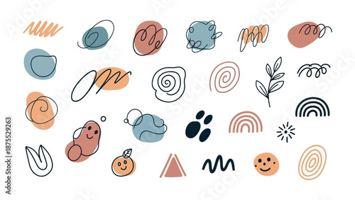 Abstract Elements Collection: A whimsical assortment of hand-drawn abstract shapes and designs, featuring a variety of organic forms, lines, and colorful details.