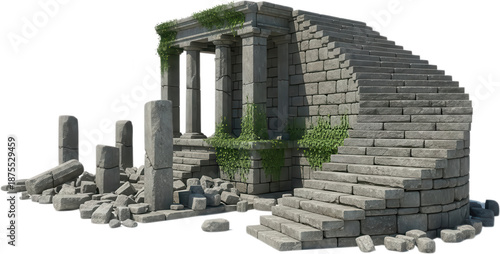 Ancient stone ruins with crumbling pillars overgrown ivy and a grand staircase evoking a sense of history and decay architecture classical greek roman temple columns steps transparent background