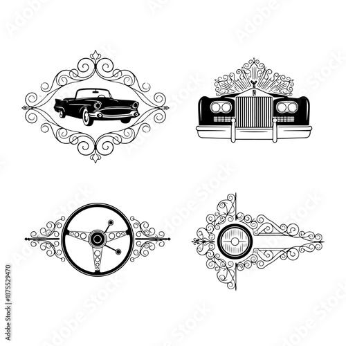 Vintage Car Emblems and Ornate Decorative Frames for Automotive Design