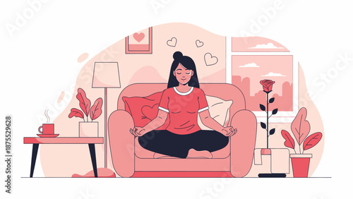 Woman meditating peacefully in a cozy living room, calm and relaxed