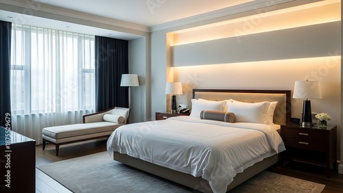 Luxury hotel room with elegant decor providing bright atmosphere and comfortable ambiance in sophisticated and upscale accommodation setting