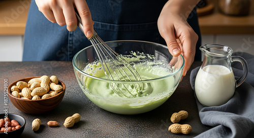 Wallpaper Mural Hands whisking creamy green mixture in a bowl with peanuts and milk jug on a counter Torontodigital.ca